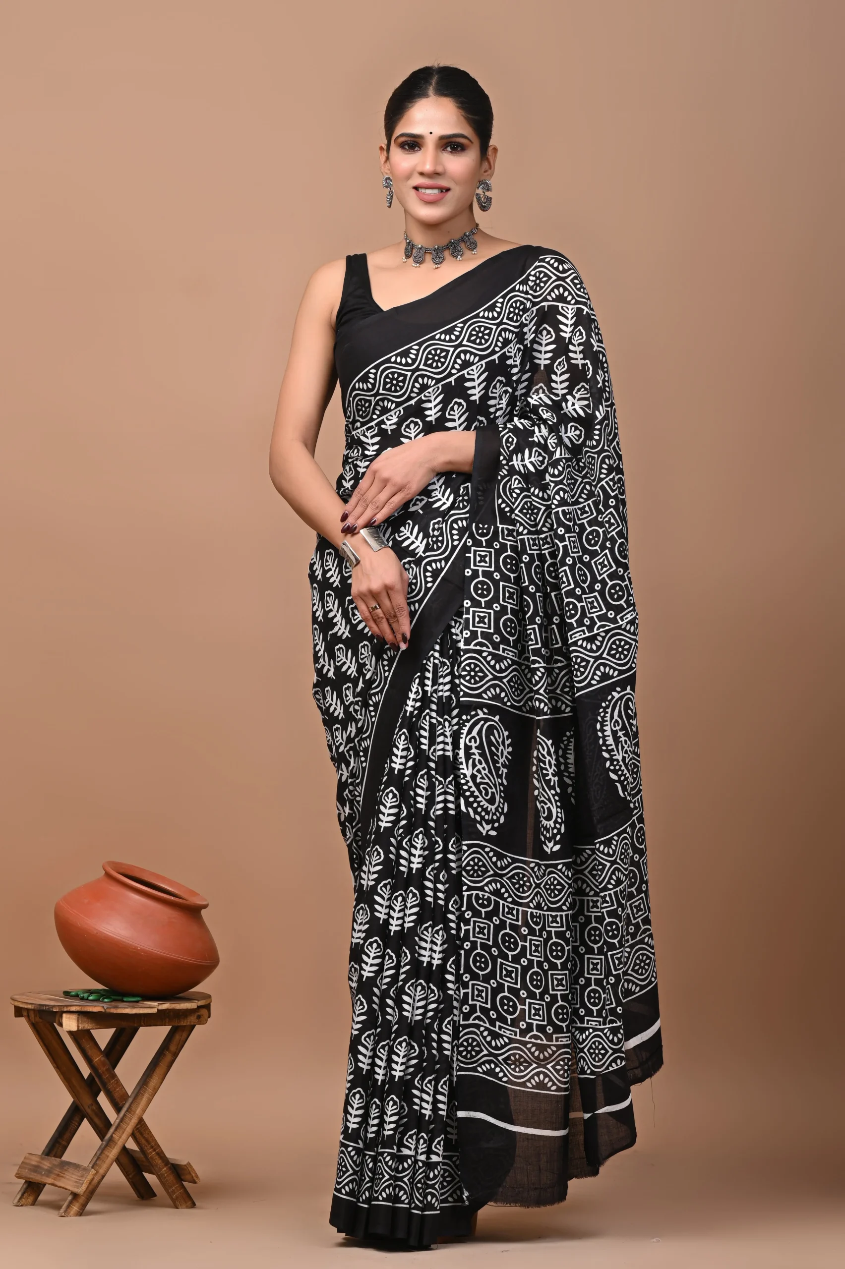 mc08 jaipuri hand block print pure cotton mulmul saree with blouse piece – black mc08 jaipuri hand block print pure cotton mulmul saree with blouse piece – black