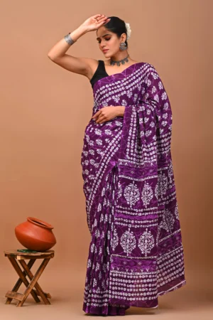 mc05 jaipuri hand block print pure cotton mulmul saree with blouse piece – purple