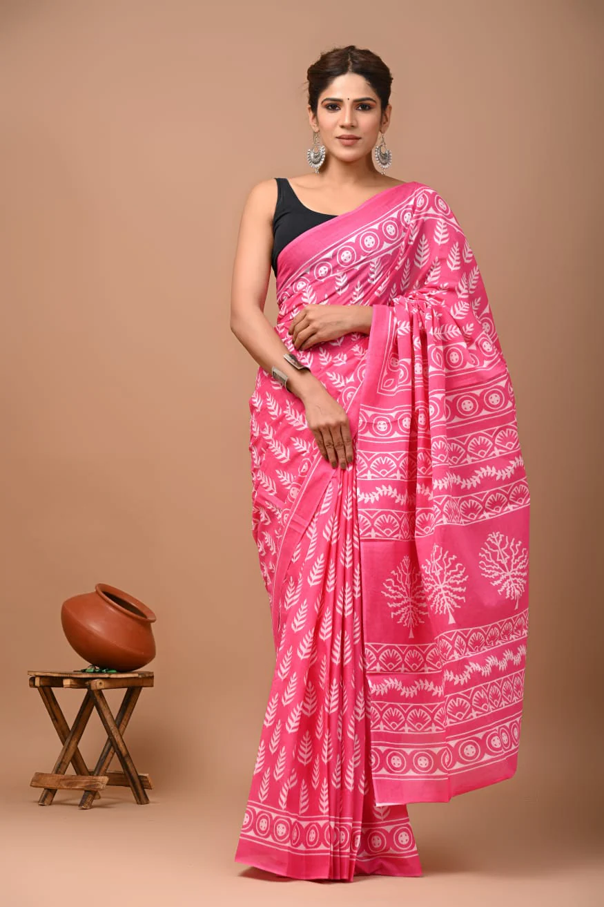 mc02 hand block printed pure mulmul cotton saree with blouse piece – pink & white mc02 hand block printed pure mulmul cotton saree with blouse piece – pink & white