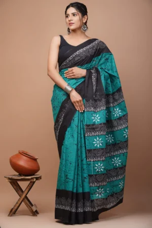 mc13 hand block printed pure mulmul cotton saree with blouse piece – green