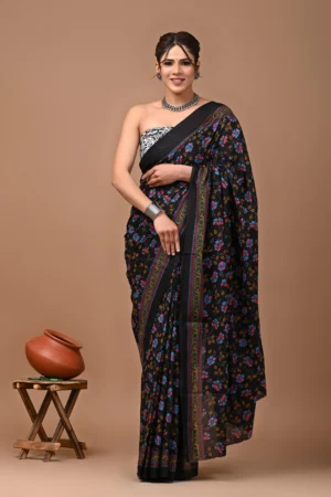 mc09 multicolour floral hand block printed pure mulmul cotton saree with blouse piece – black
