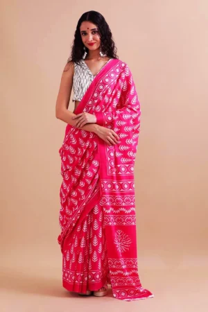 mc02 hand block printed pure mulmul cotton saree with blouse piece – pink & white