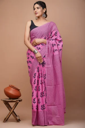 mc01 hand block printed pure mulmul cotton saree with blouse piece – pink