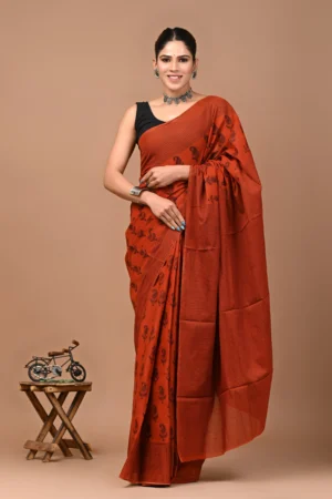 mc10 hand block printed pure mulmul cotton saree with blouse piece – rust orange