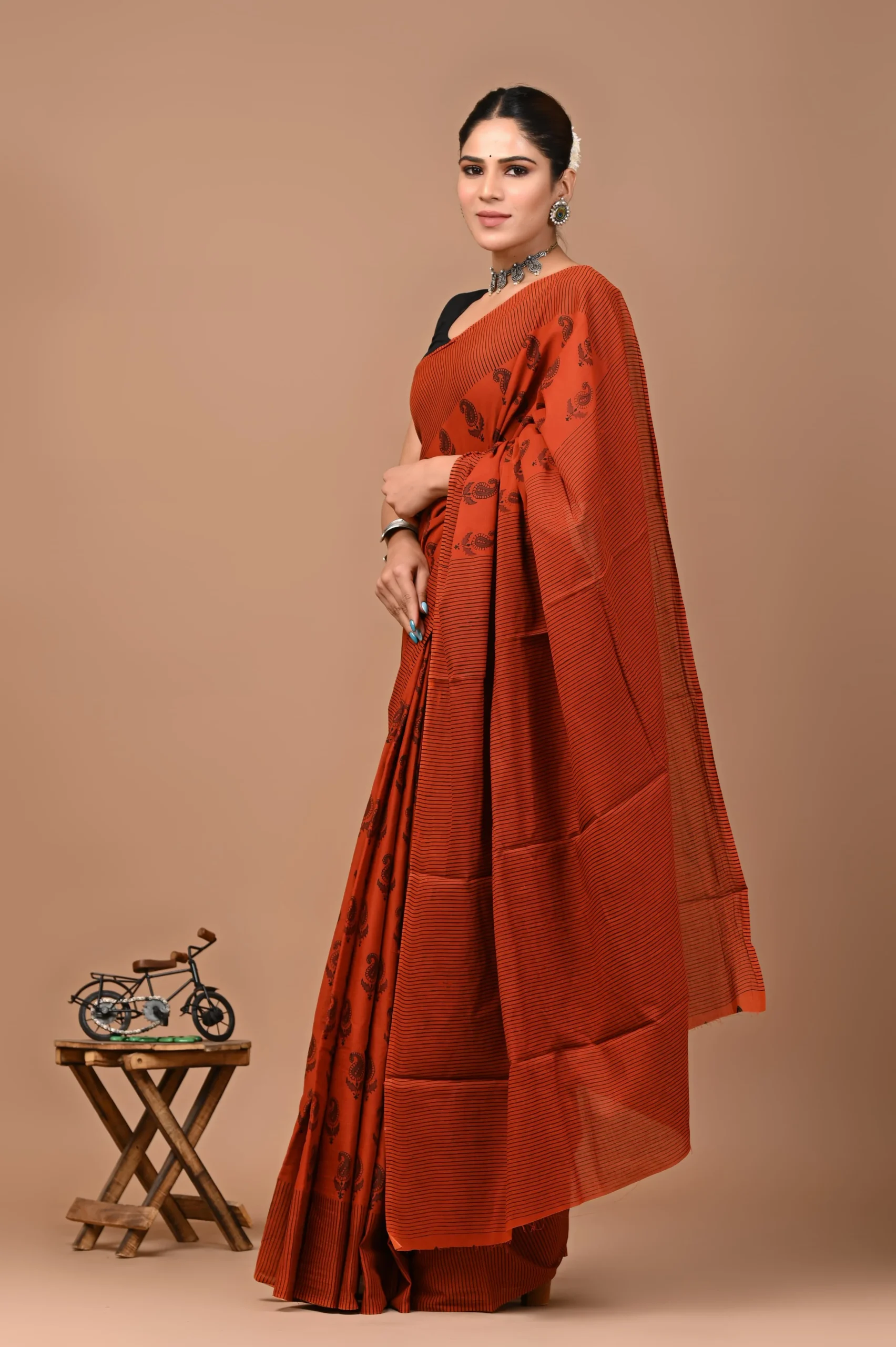 mc10 hand block printed pure mulmul cotton saree with blouse piece – rust orange mc10 hand block printed pure mulmul cotton saree with blouse piece – rust orange