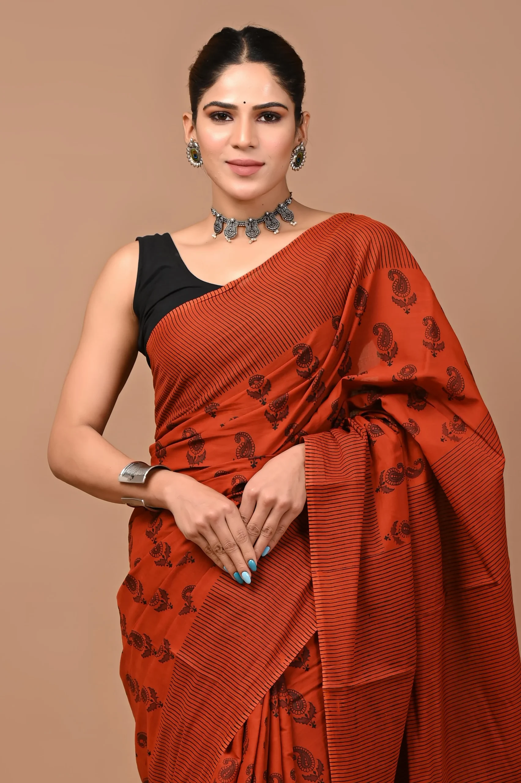 mc10 hand block printed pure mulmul cotton saree with blouse piece – rust orange mc10 hand block printed pure mulmul cotton saree with blouse piece – rust orange