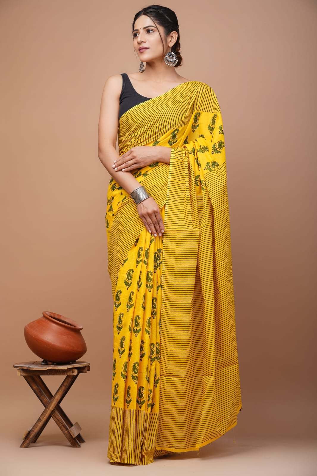 mc11 hand block printed pure mulmul cotton saree with blouse piece – yellow & green mc11 hand block printed pure mulmul cotton saree with blouse piece – yellow & green