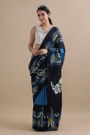 mc16 hand block printed pure mulmul cotton saree with blouse piece – black & blue
